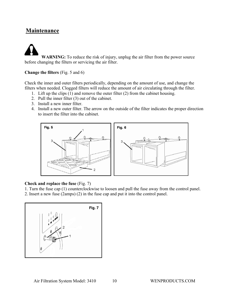 Maintenance | WEN 3410 Air Filtration System User Manual | Page 10 / 14