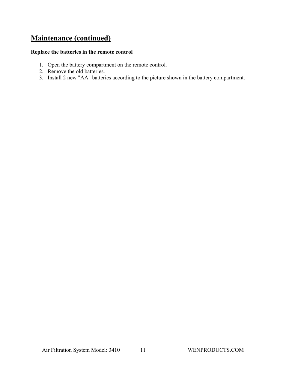Maintenance (continued) | WEN 3410 Air Filtration System User Manual | Page 11 / 14