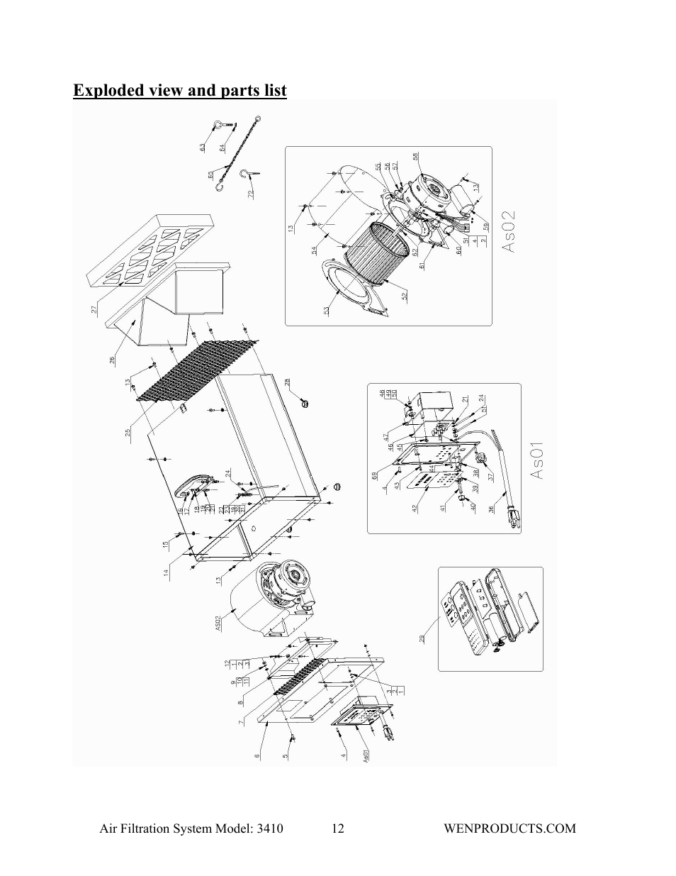 Exploded view and parts list | WEN 3410 Air Filtration System User Manual | Page 12 / 14