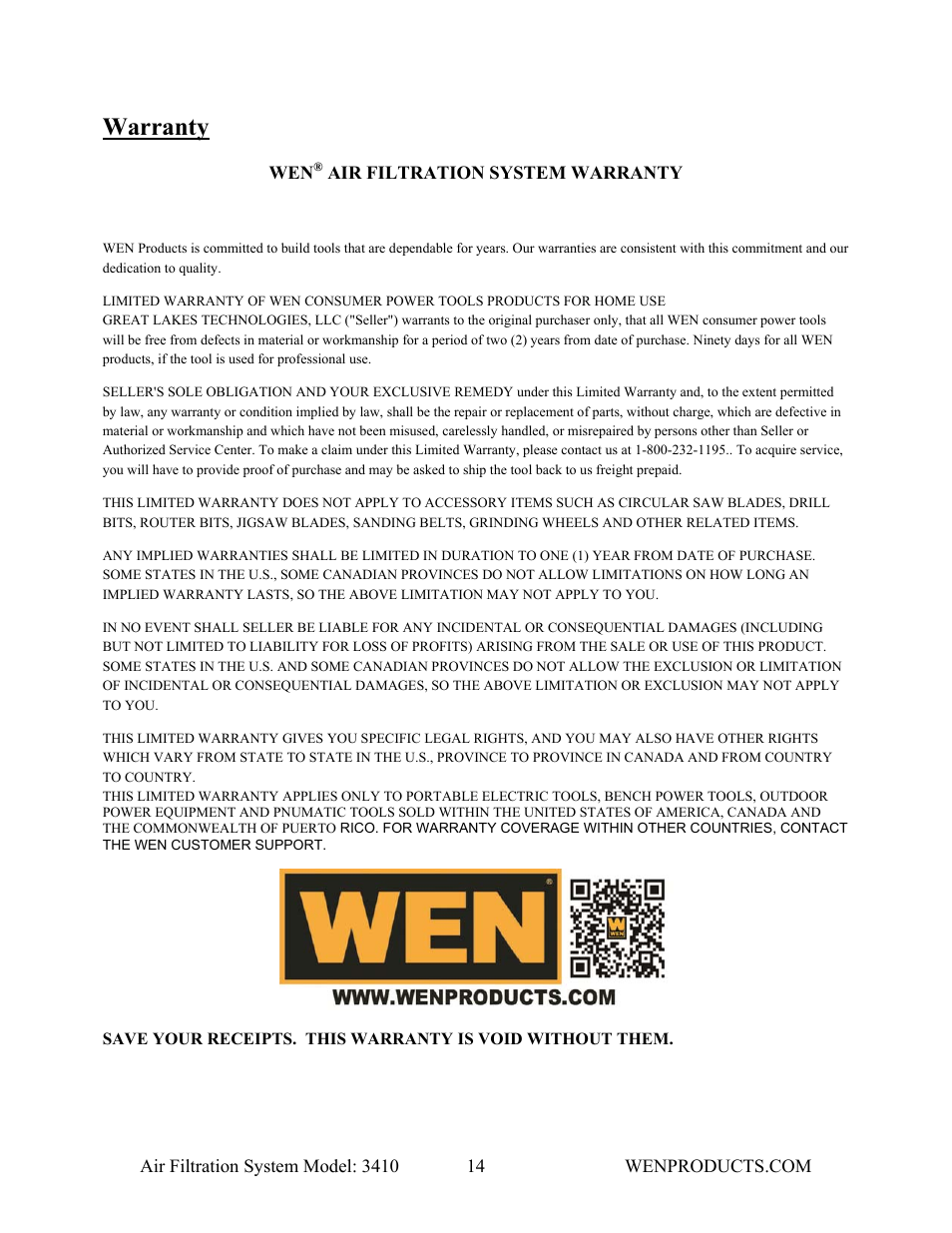 Warranty | WEN 3410 Air Filtration System User Manual | Page 14 / 14