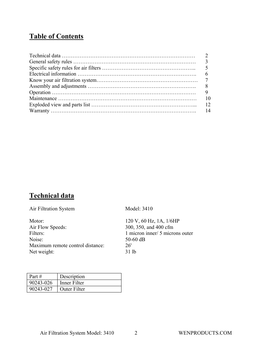 WEN 3410 Air Filtration System User Manual | Page 2 / 14