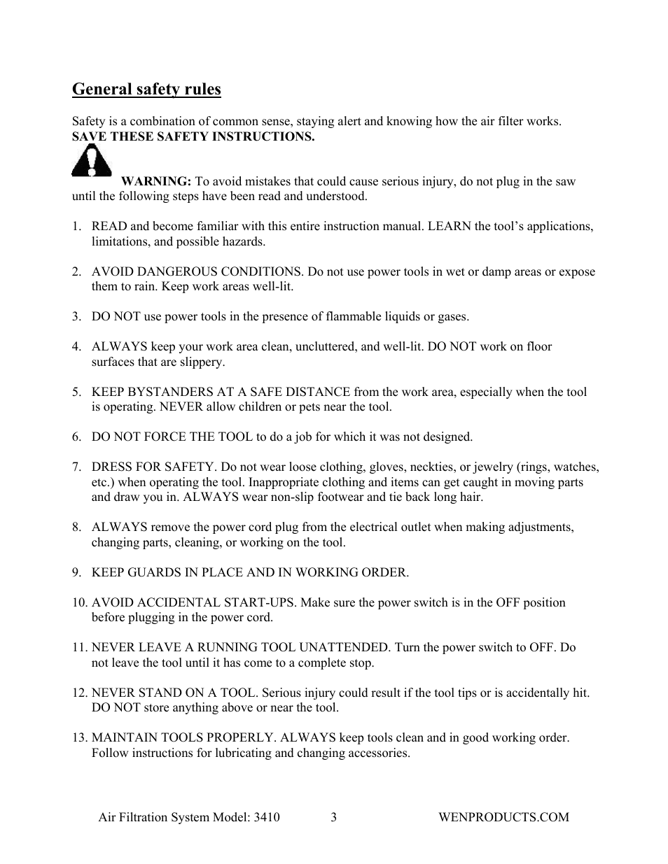 General safety rules | WEN 3410 Air Filtration System User Manual | Page 3 / 14