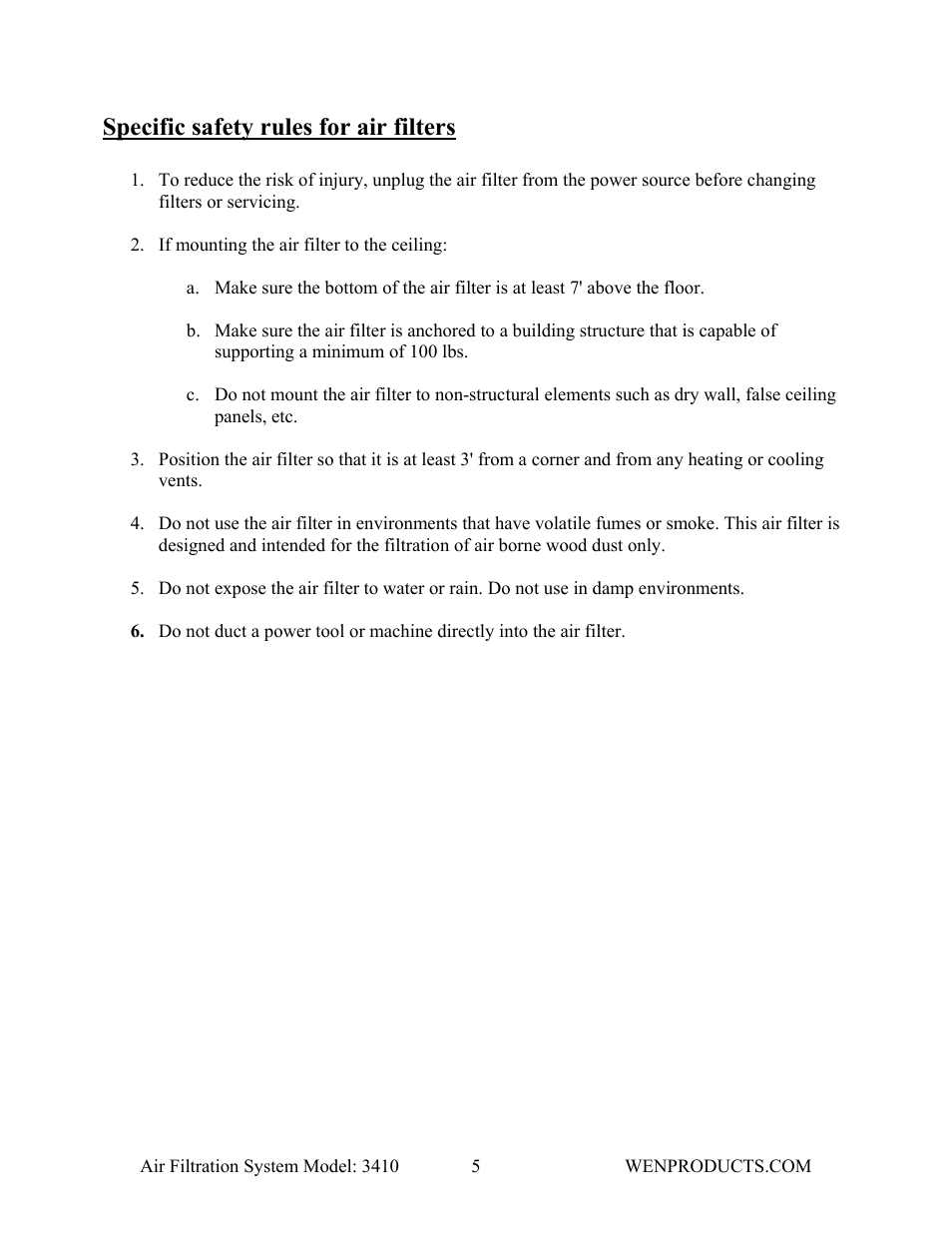 Specific safety rules for air filters | WEN 3410 Air Filtration System User Manual | Page 5 / 14