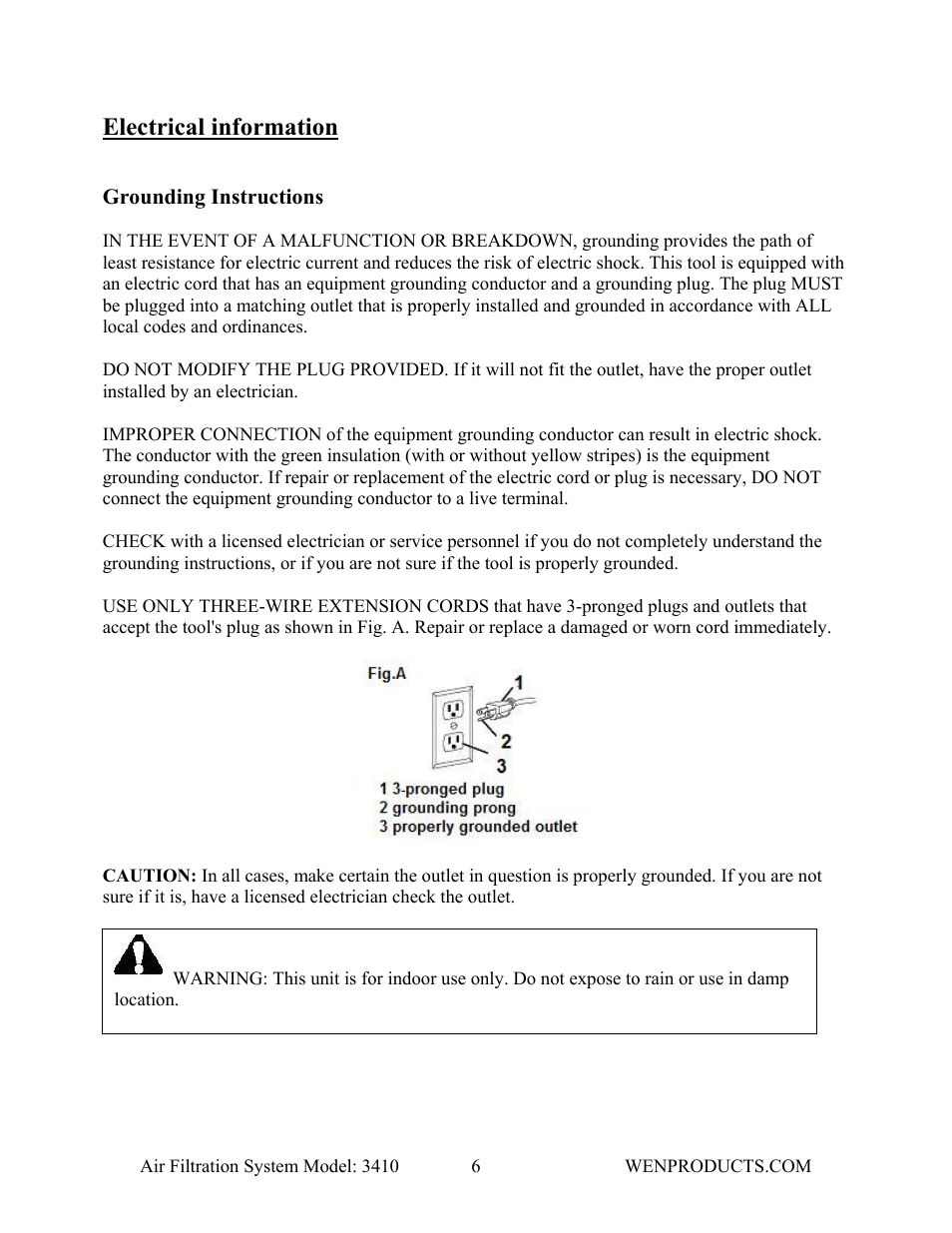 Electrical information | WEN 3410 Air Filtration System User Manual | Page 6 / 14