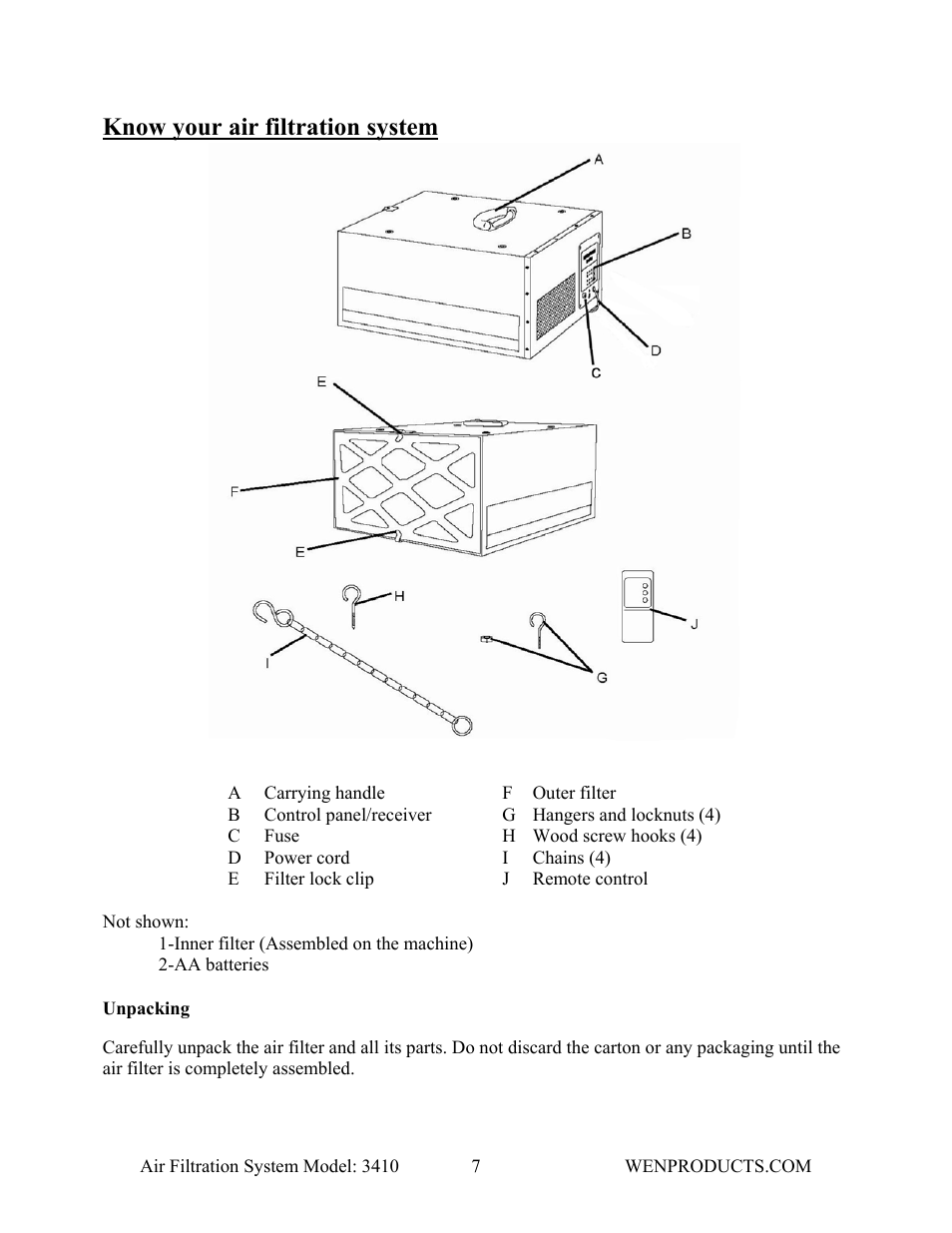 Know your air filtration system | WEN 3410 Air Filtration System User Manual | Page 7 / 14