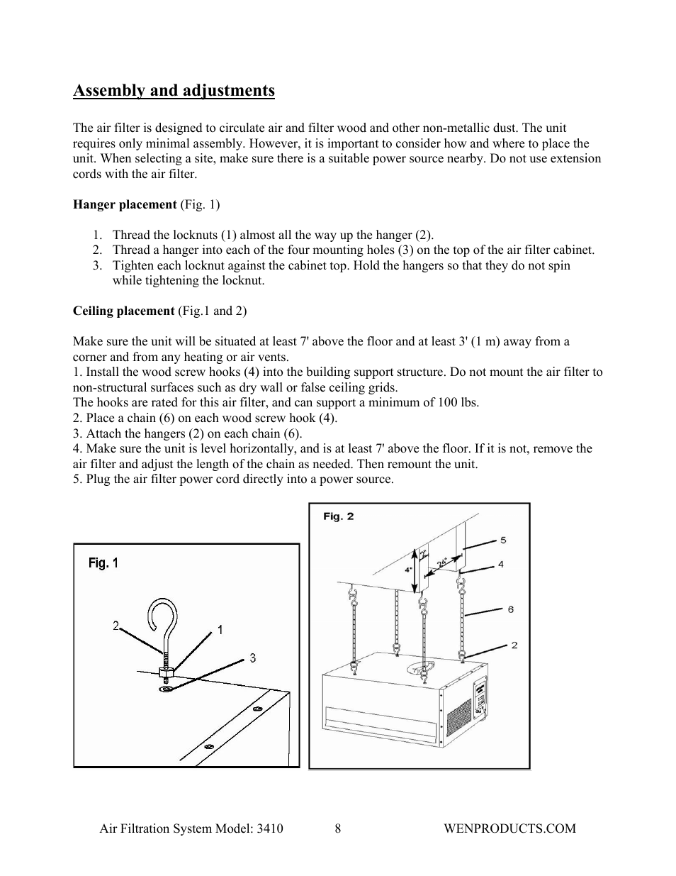 Assembly and adjustments | WEN 3410 Air Filtration System User Manual | Page 8 / 14