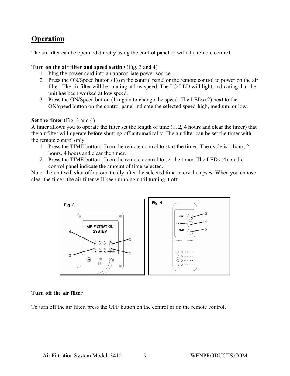Operation | WEN 3410 Air Filtration System User Manual | Page 9 / 14