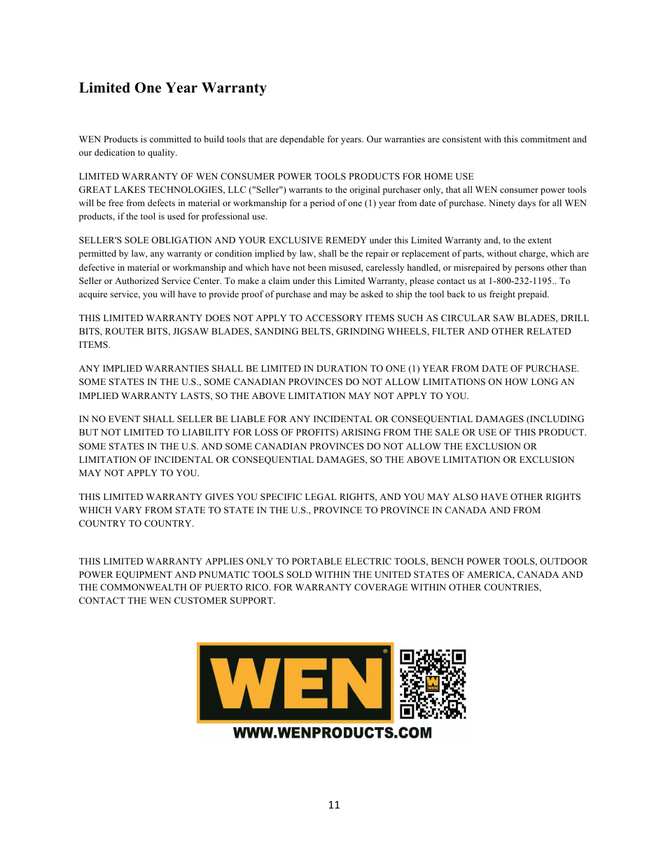 Limited one year warranty | WEN 3400 Dust Extractor User Manual | Page 11 / 11