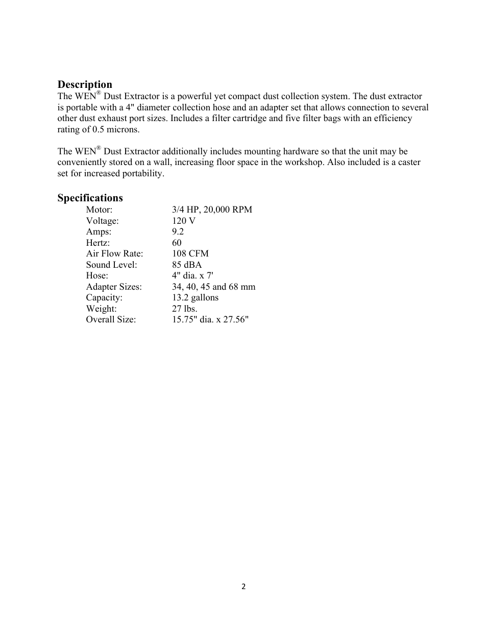 WEN 3400 Dust Extractor User Manual | Page 2 / 11