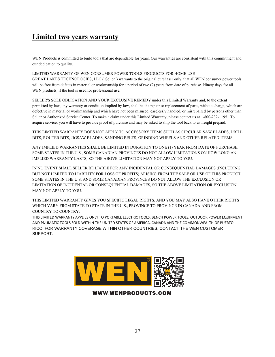 Limited two years warranty | WEN 3914 14 inch band saw User Manual | Page 27 / 27