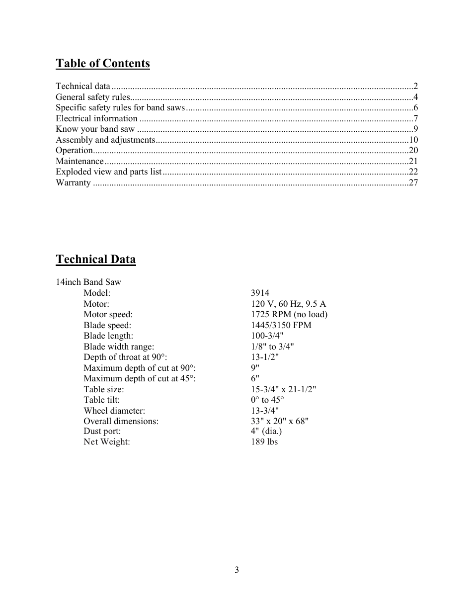 WEN 3914 14 inch band saw User Manual | Page 3 / 27