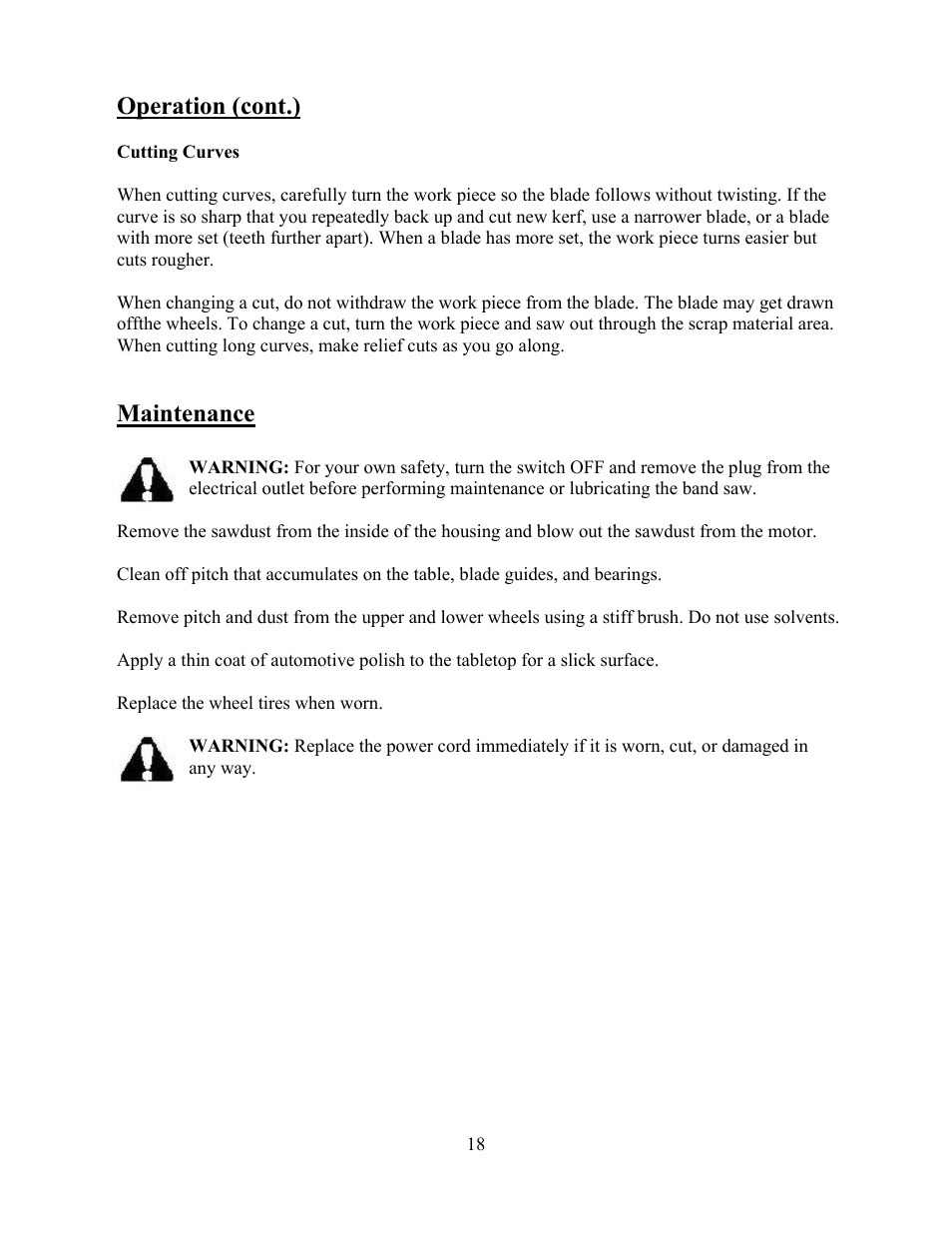 Operation (cont.), Maintenance | WEN 3912 10 inch band saw User Manual | Page 18 / 24