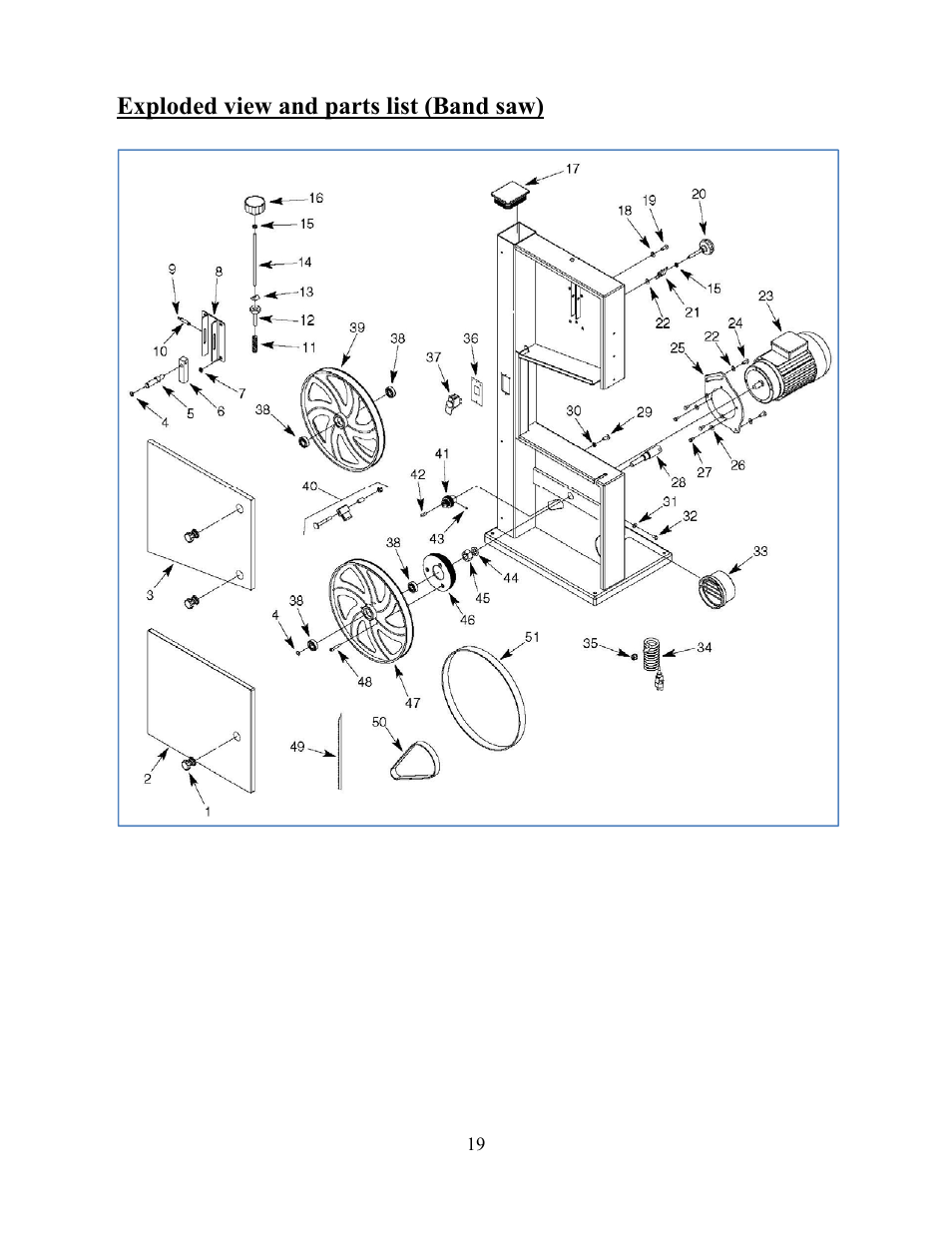 Exploded view and parts list (band saw) | WEN 3912 10 inch band saw User Manual | Page 19 / 24