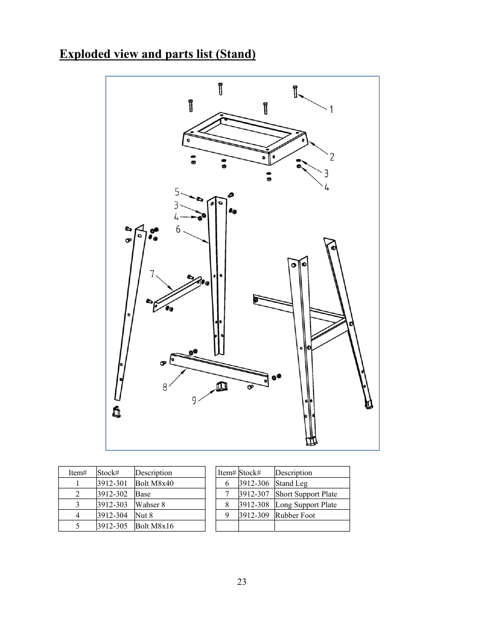 Exploded view and parts list (stand) | WEN 3912 10 inch band saw User Manual | Page 23 / 24