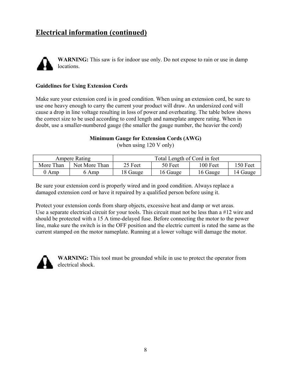 Electrical information (continued) | WEN 3912 10 inch band saw User Manual | Page 8 / 24