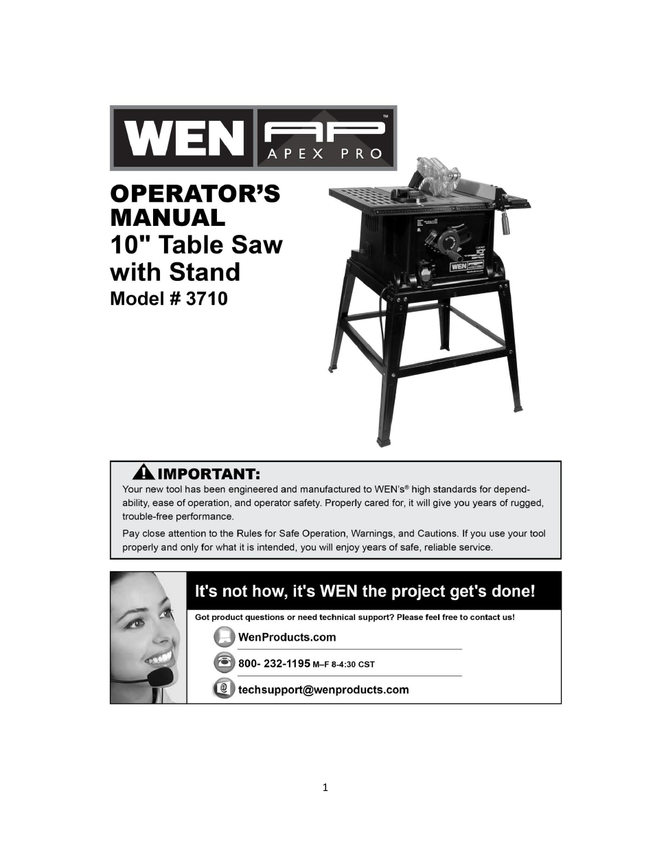 WEN 3710 10 inch Table Saw ver.2010 User Manual | 29 pages