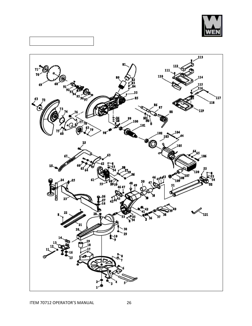 Exploded view | WEN 70712 12 Sliding Compound Miter Saw User Manual | Page 26 / 29