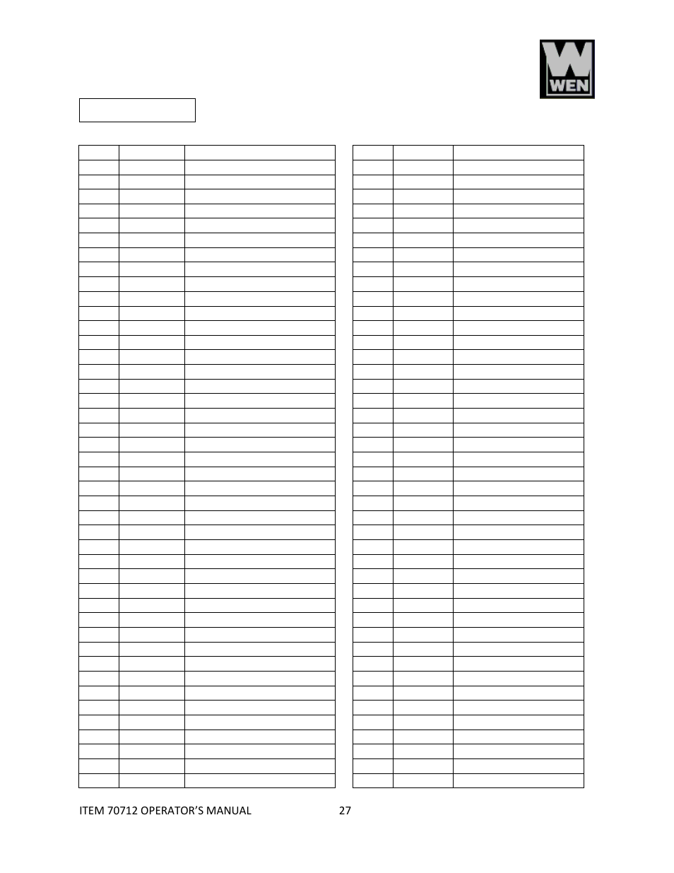 Parts list | WEN 70712 12 Sliding Compound Miter Saw User Manual | Page 27 / 29