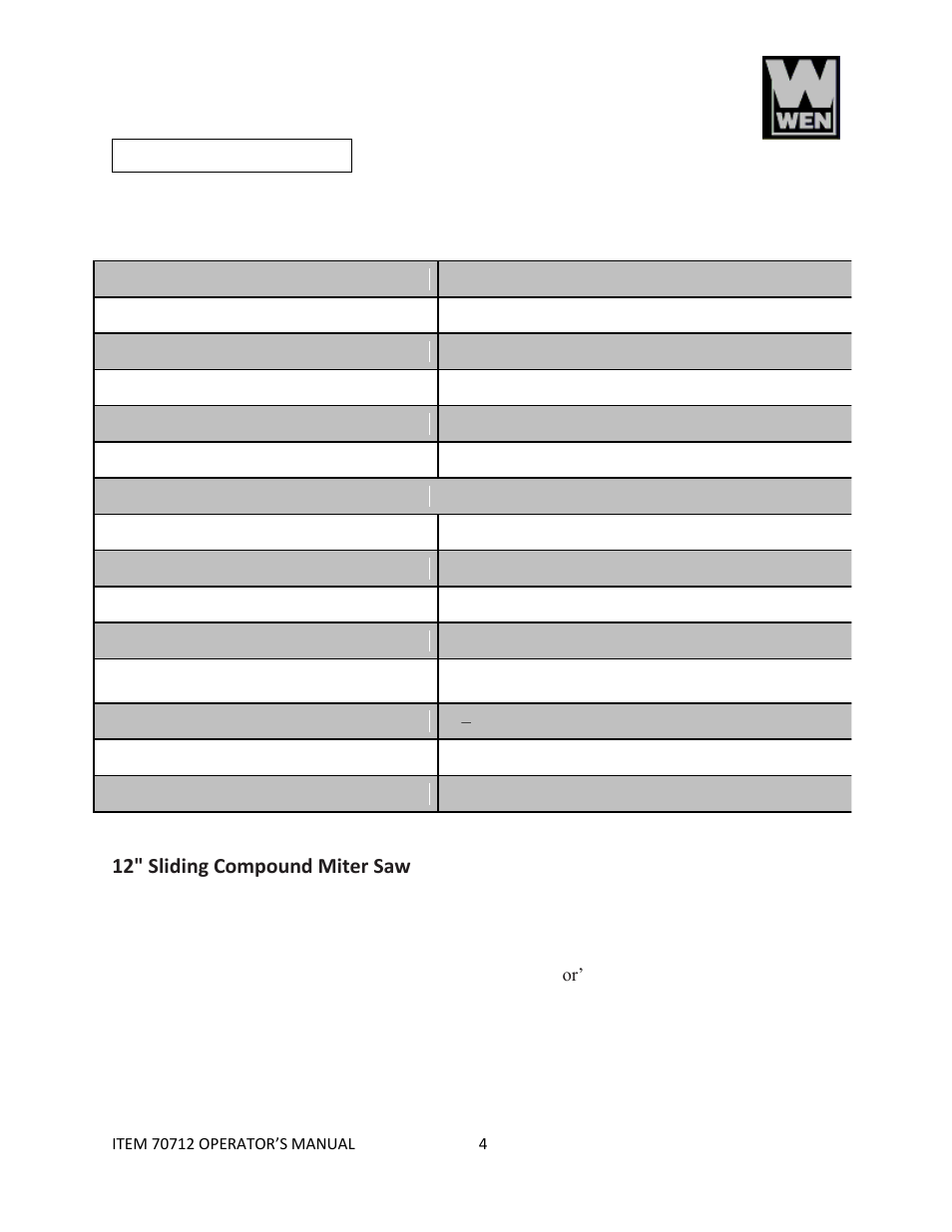 Specifications | WEN 70712 12 Sliding Compound Miter Saw User Manual | Page 4 / 29