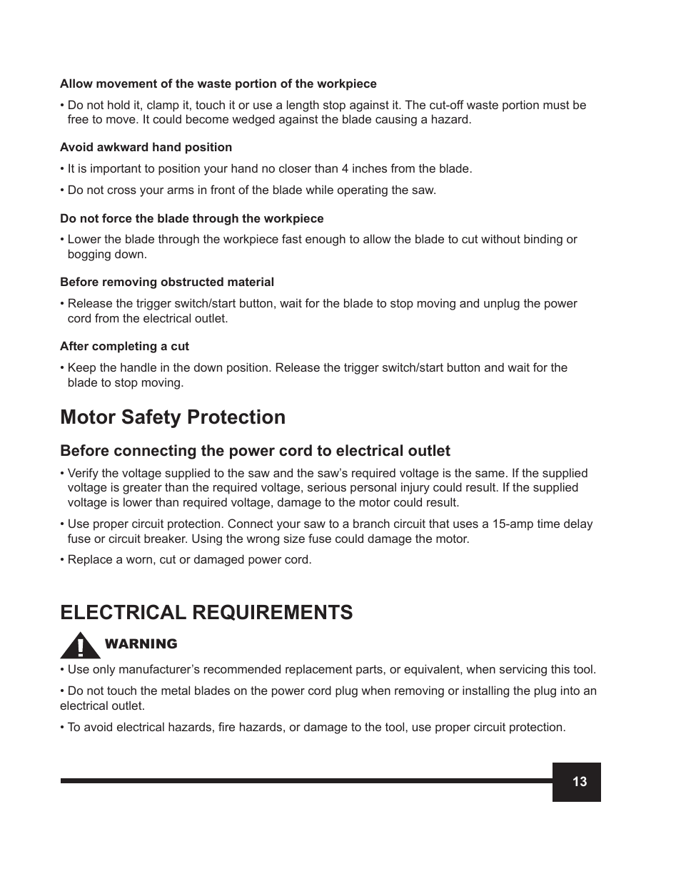 Motor safety protection, Electrical requirements | WEN 70711 10 inch Sliding Compound Miter Saw Manual User Manual | Page 13 / 28