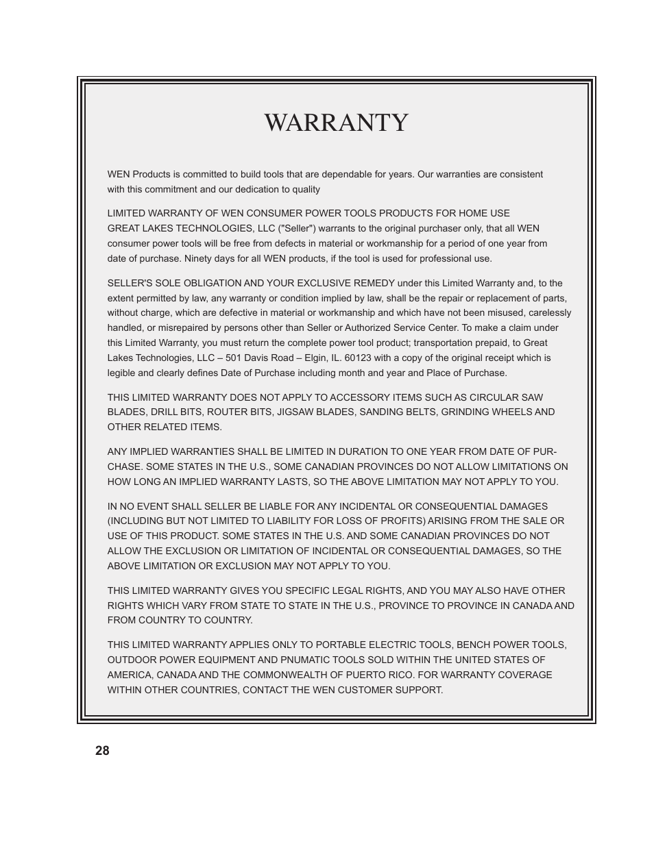 Warranty | WEN 70711 10 inch Sliding Compound Miter Saw Manual User Manual | Page 28 / 28