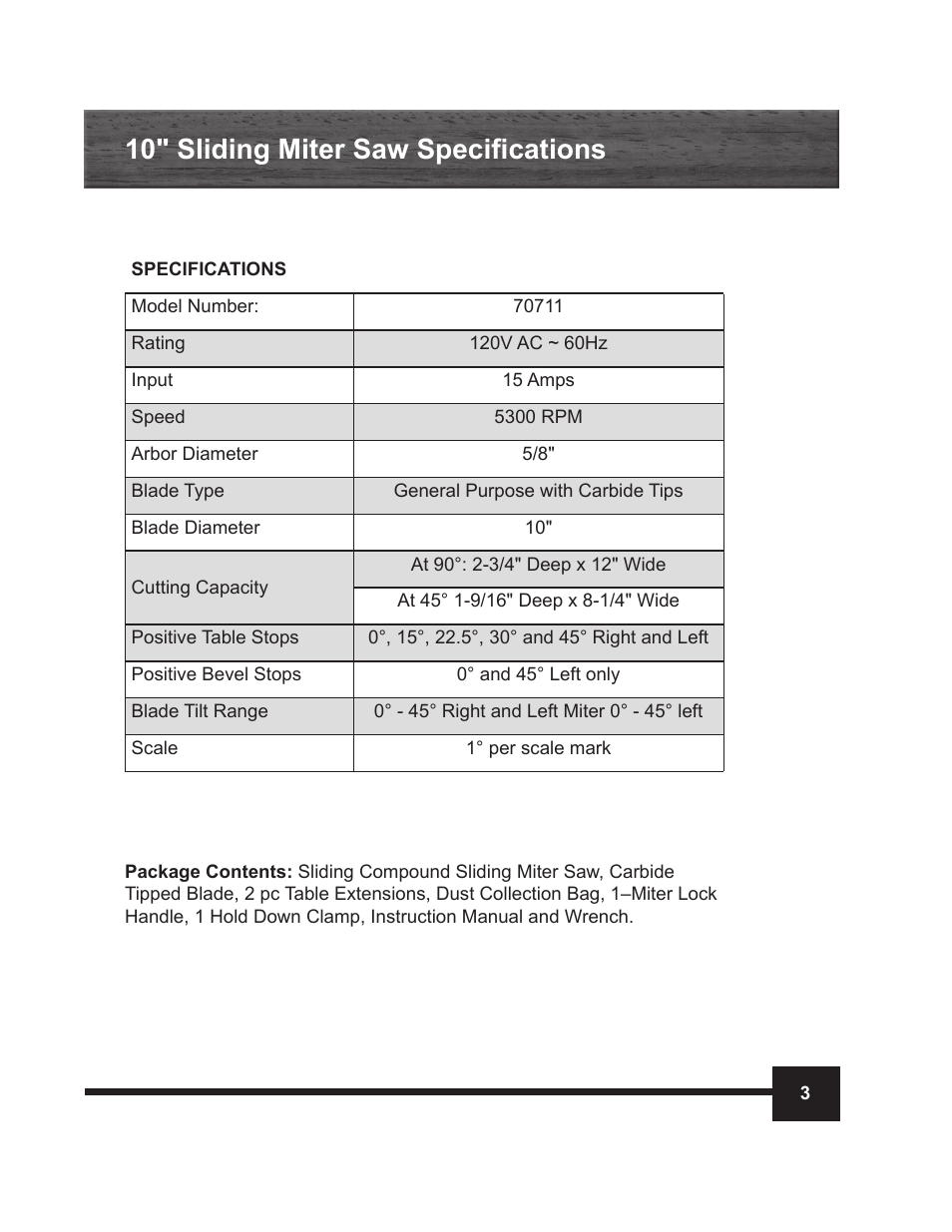 10" sliding miter saw specifications | WEN 70711 10 inch Sliding Compound Miter Saw Manual User Manual | Page 3 / 28