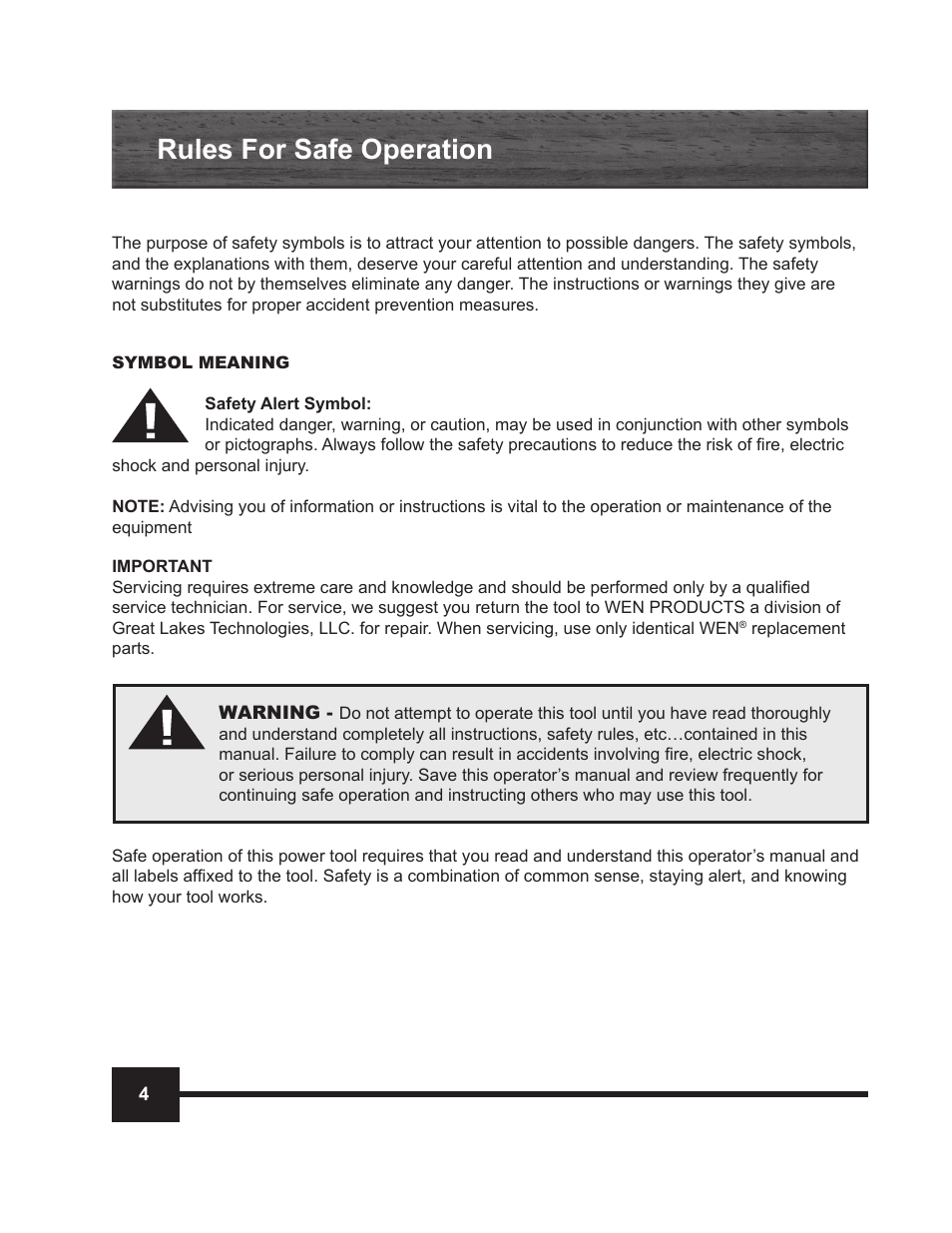 Rules for safe operation | WEN 70711 10 inch Sliding Compound Miter Saw Manual User Manual | Page 4 / 28