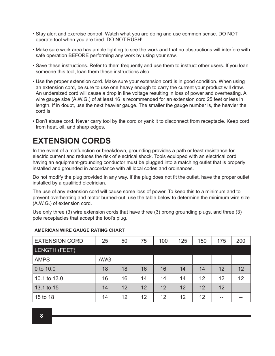 Extension cords | WEN 70711 10 inch Sliding Compound Miter Saw Manual User Manual | Page 8 / 28