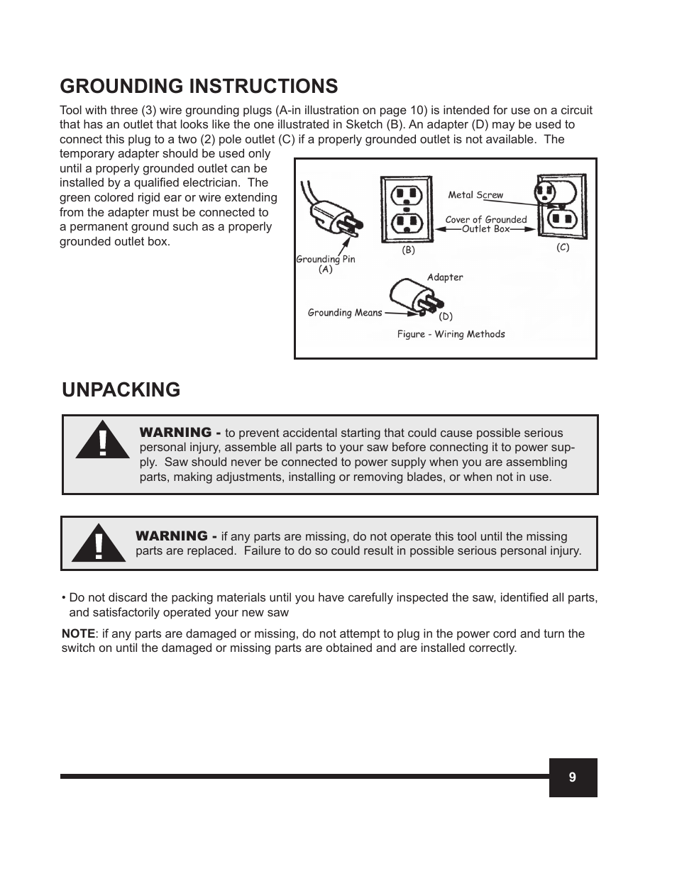Grounding instructions, Unpacking | WEN 70711 10 inch Sliding Compound Miter Saw Manual User Manual | Page 9 / 28