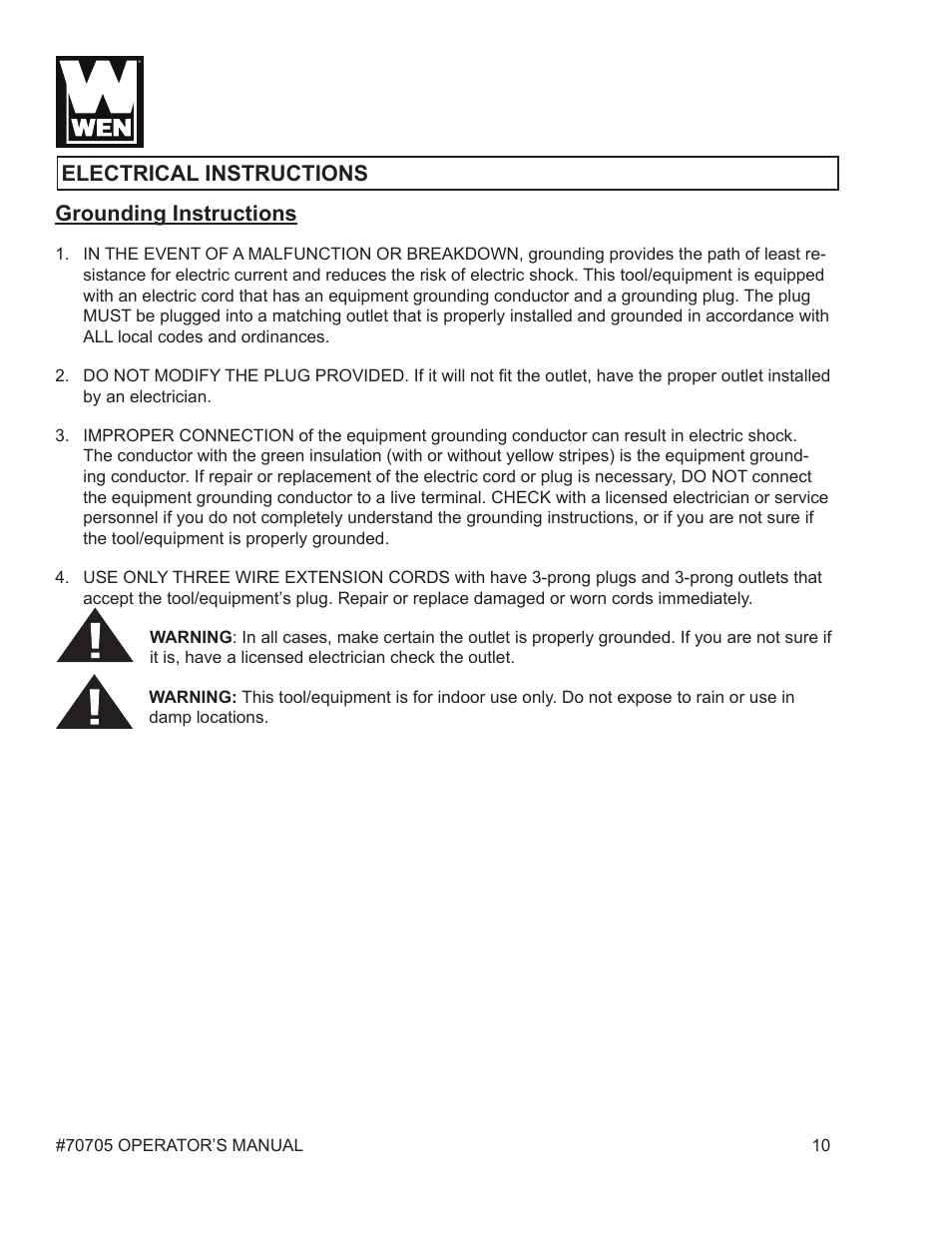 Grounding instructions, Electrical instructions | WEN 70705 8-1/4 inch Compound Miter Saw User Manual | Page 10 / 29