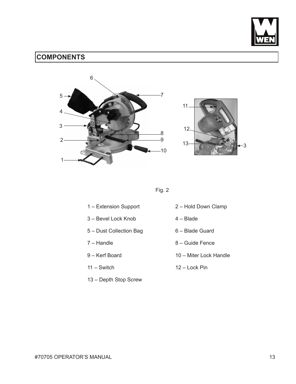 Components | WEN 70705 8-1/4 inch Compound Miter Saw User Manual | Page 13 / 29