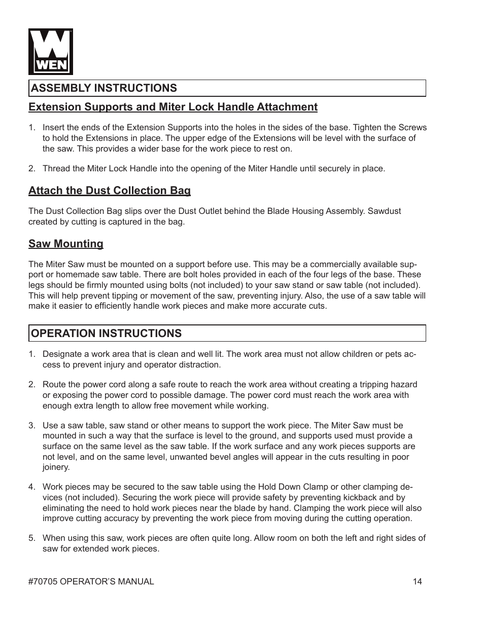 Attach the dust collection bag, Saw mounting, Operation instructions | WEN 70705 8-1/4 inch Compound Miter Saw User Manual | Page 14 / 29