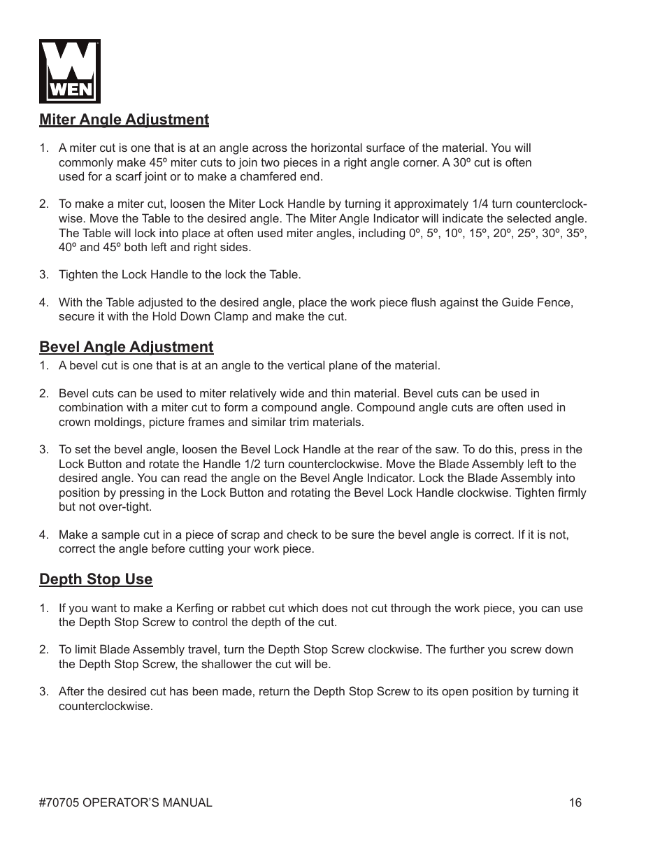 Miter angle adjustment, Bevel angle adjustment, Depth stop use | WEN 70705 8-1/4 inch Compound Miter Saw User Manual | Page 16 / 29