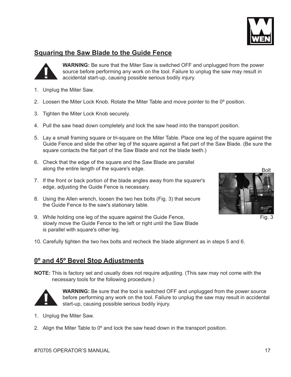 Squaring the saw blade to the guide fence, 0º and 45º bevel stop adjustments | WEN 70705 8-1/4 inch Compound Miter Saw User Manual | Page 17 / 29