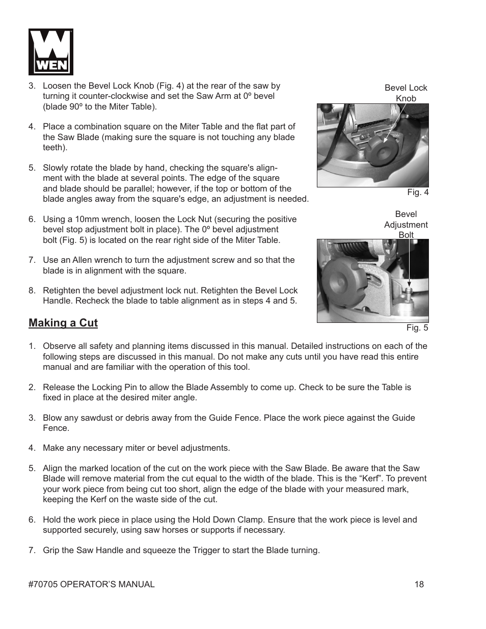 Making a cut | WEN 70705 8-1/4 inch Compound Miter Saw User Manual | Page 18 / 29