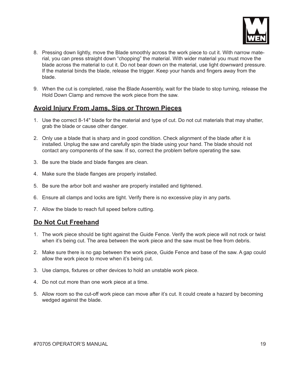 Avoid injury from jams, sips or thrown pieces, Do not cut freehand | WEN 70705 8-1/4 inch Compound Miter Saw User Manual | Page 19 / 29