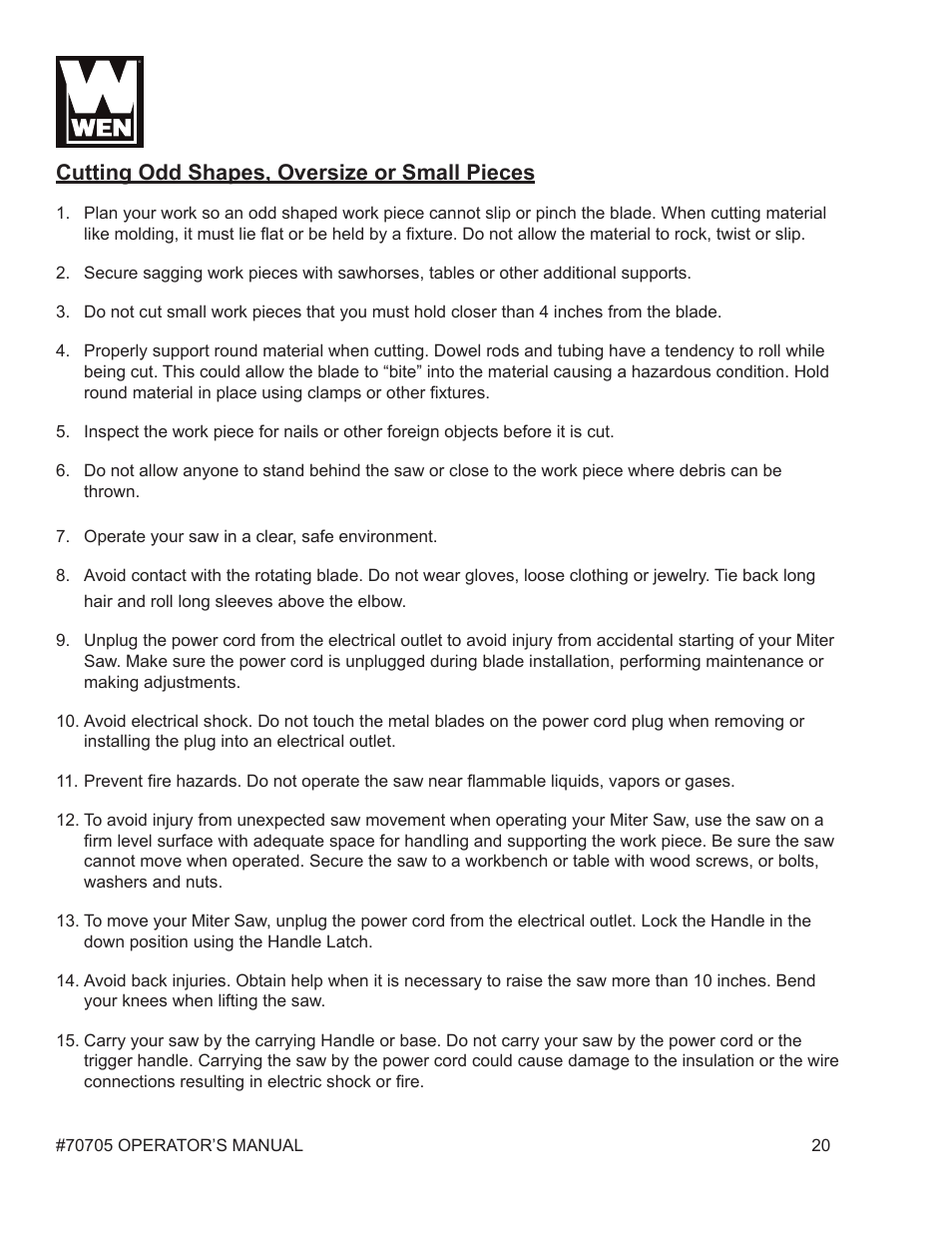 Cutting odd shapes, oversize or small pieces | WEN 70705 8-1/4 inch Compound Miter Saw User Manual | Page 20 / 29