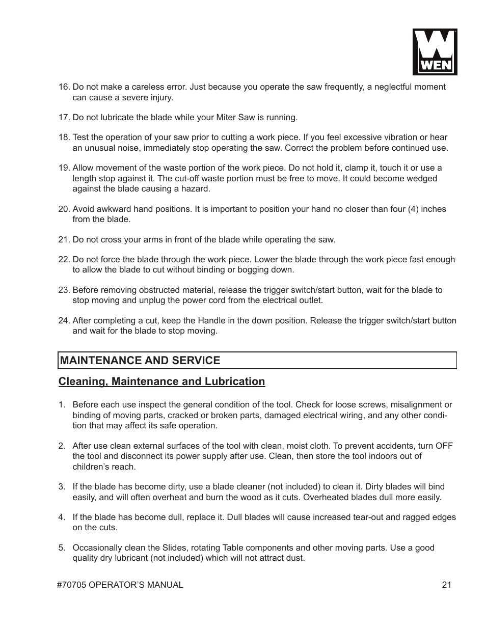 Maintenance and service, Cleaning, maintenance and lubrication | WEN 70705 8-1/4 inch Compound Miter Saw User Manual | Page 21 / 29