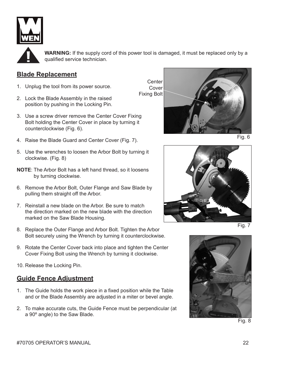 Blade replacement, Guide fence adjustment | WEN 70705 8-1/4 inch Compound Miter Saw User Manual | Page 22 / 29