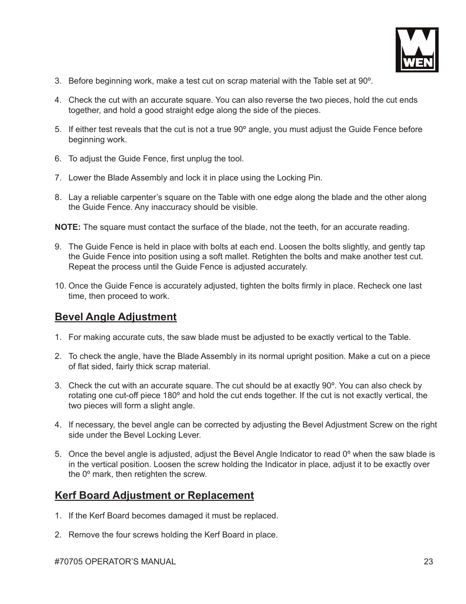 Bevel angle adjustment, Kerf board adjustment or replacement | WEN 70705 8-1/4 inch Compound Miter Saw User Manual | Page 23 / 29