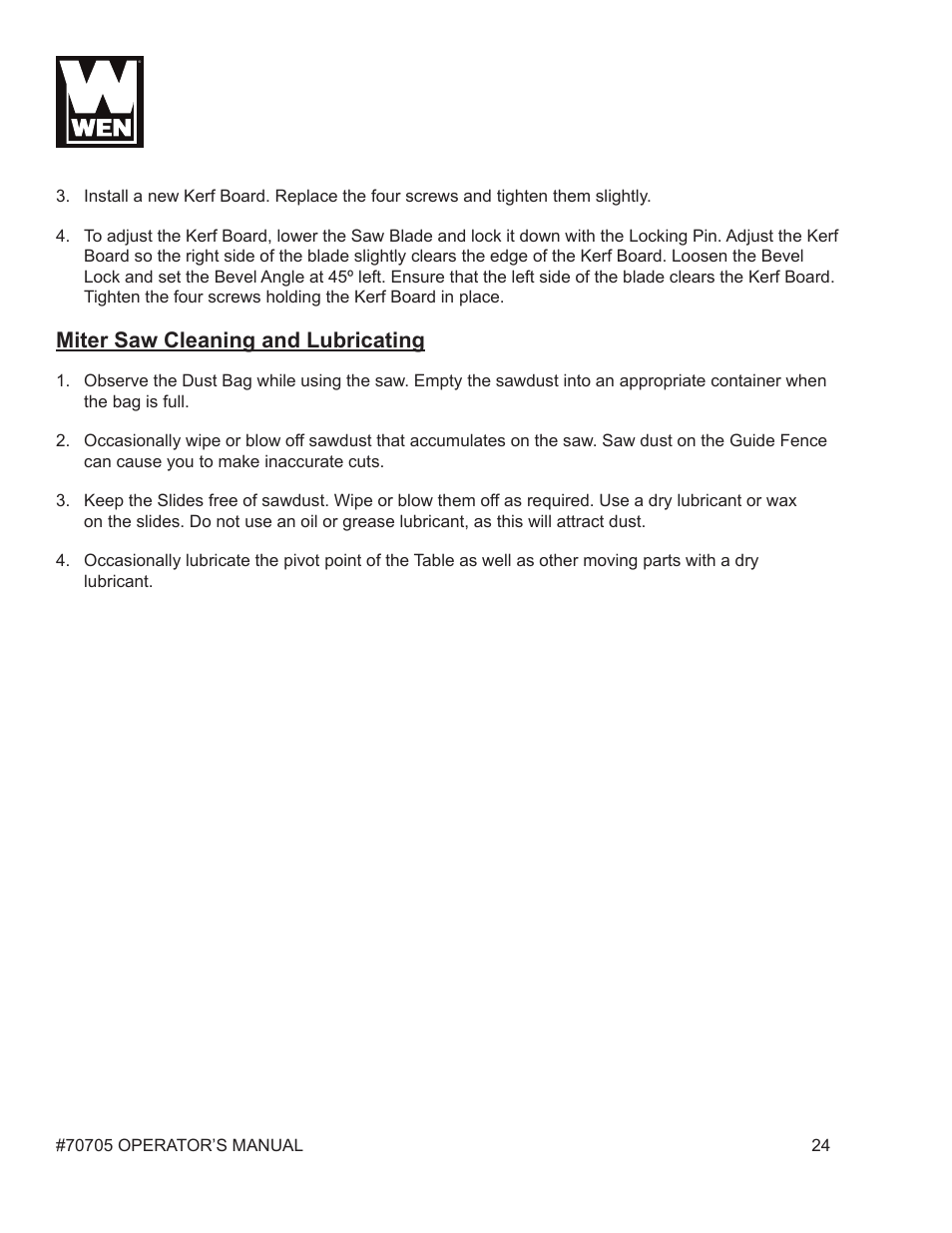 Miter saw cleaning and lubricating | WEN 70705 8-1/4 inch Compound Miter Saw User Manual | Page 24 / 29