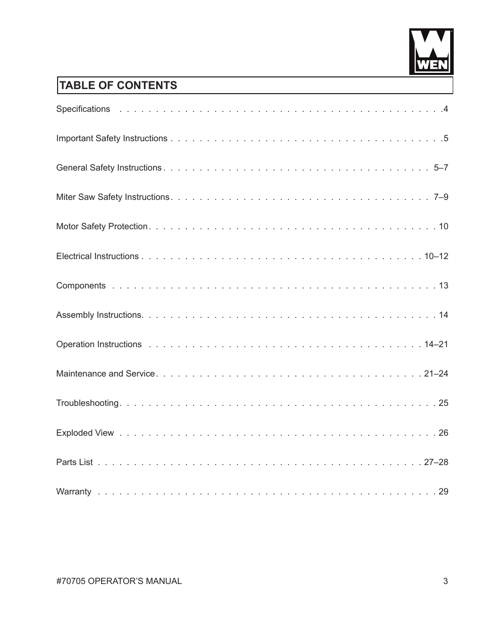 WEN 70705 8-1/4 inch Compound Miter Saw User Manual | Page 3 / 29