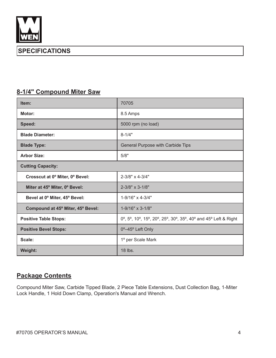 1/4" compound miter saw, Package contents, Specifications | WEN 70705 8-1/4 inch Compound Miter Saw User Manual | Page 4 / 29