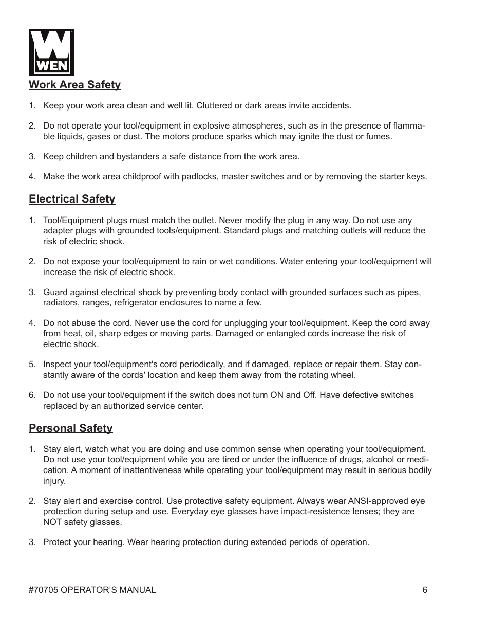 Work area safety, Electrical safety, Personal safety | WEN 70705 8-1/4 inch Compound Miter Saw User Manual | Page 6 / 29