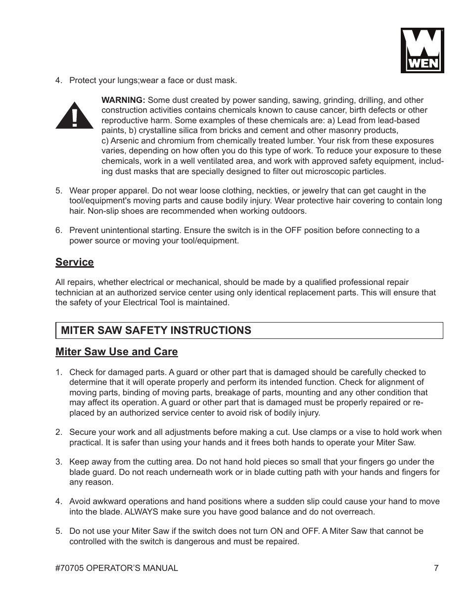 Service, Miter saw use and care, Miter saw safety instructions | WEN 70705 8-1/4 inch Compound Miter Saw User Manual | Page 7 / 29