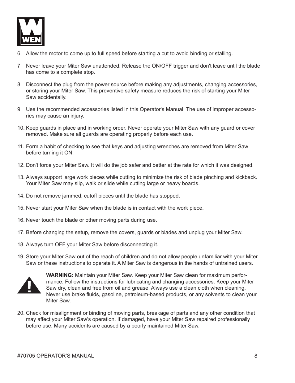 WEN 70705 8-1/4 inch Compound Miter Saw User Manual | Page 8 / 29