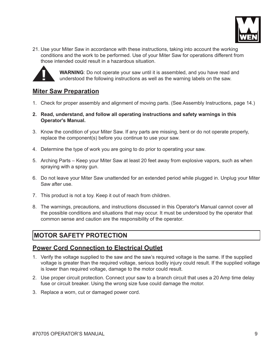 Miter saw preparation, Power cord connection to electrical outlet, Motor safety protection | WEN 70705 8-1/4 inch Compound Miter Saw User Manual | Page 9 / 29