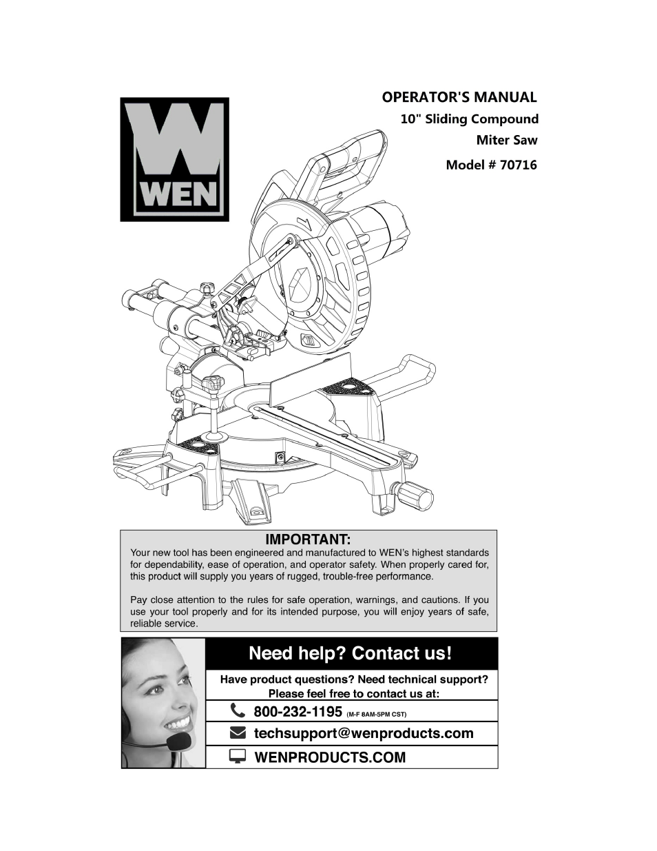 WEN 70716 10 inch Sliding Compound Miter Saw User Manual | 20 pages