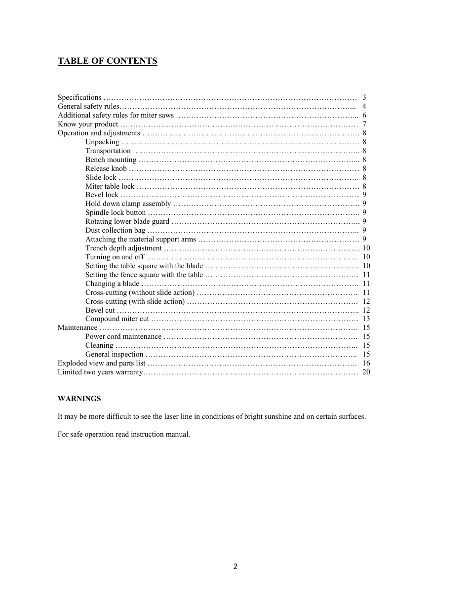 WEN 70716 10 inch Sliding Compound Miter Saw User Manual | Page 2 / 20