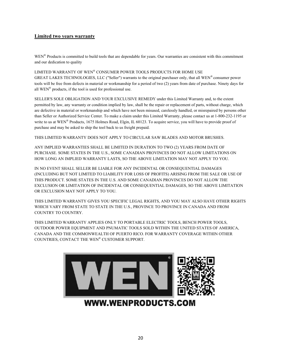 Limited two years warranty | WEN 70716 10 inch Sliding Compound Miter Saw User Manual | Page 20 / 20